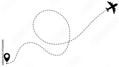 Airplane line path routes. Travel vector icon. Travel from start point and dotted line tracing. Plane routes flight air dotted isolated illustration.