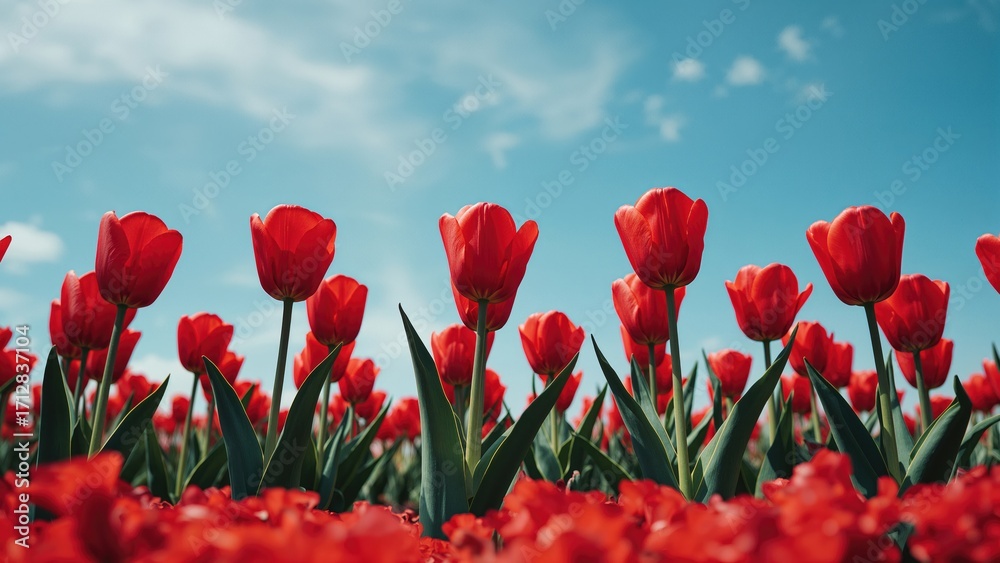 Obraz premium Bright red tulips blooming under a clear blue sky in a garden bed