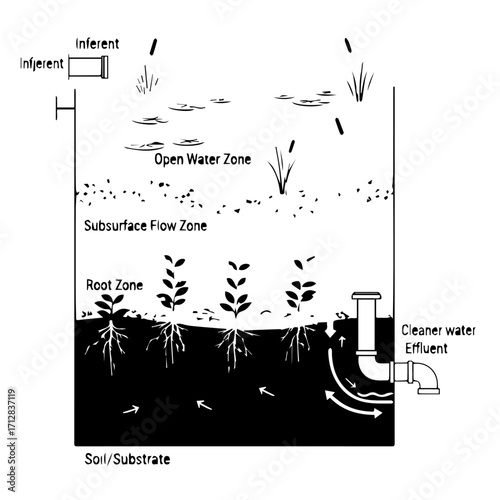 Diagram of a Constructed Wetland System Illustrating Water Filtration Process.