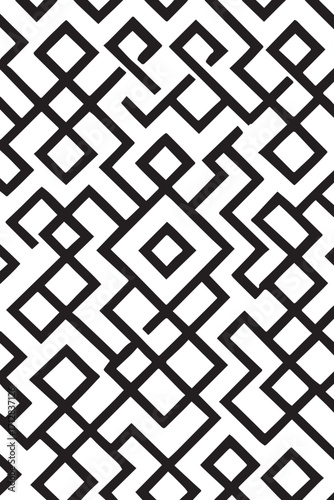 Intricate black and white geometric pattern with repeating diamond shapes and interlocking lines creating a complex tribal or ethnic design