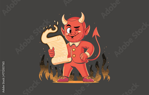 Cute cartoon devil character with horns, tail, and fiery flames holding scroll paper, mischievous red demon illustration for Halloween, fantasy, folklore, decoration design