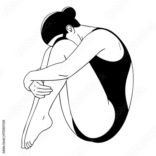 Minimalist Illustration of a Woman in a Swimsuit Curled Up in a Ball.