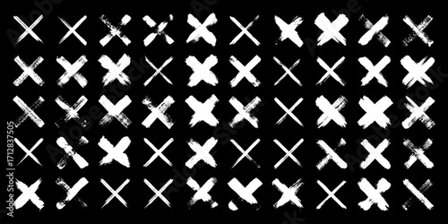 Grunge crosses, brush strokes, x mark, lines, ink smudges, hand-drawn scribble shapes. Handmade sketchy marks, acrylic stains, charcoal streaks. Paint textures, dry brush effect. Vector illustration