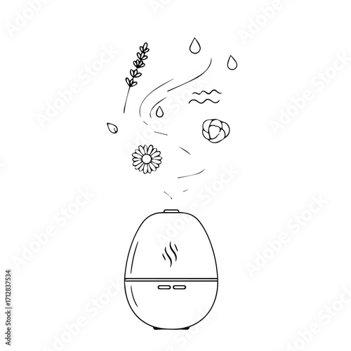 Minimalist Line Art Illustration of an Essential Oil Diffuser with Aromatherapy Elements.
