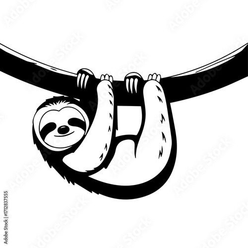 Black and White Sloth Hanging Upside Down on a Branch Smiling.