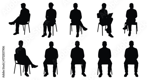 Silhouettes of people sitting in various poses on simple chairs