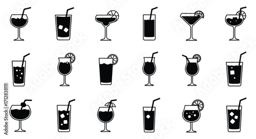 Collection of various black silhouette cocktail and beverage glass icons