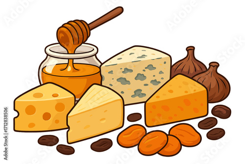 Gourmet cheese platter assortment with honey and dried fruits. Charcuterie board appetizer concept with various cheeses like cheddar, blue cheese, and parmesan. Vector cartoon.