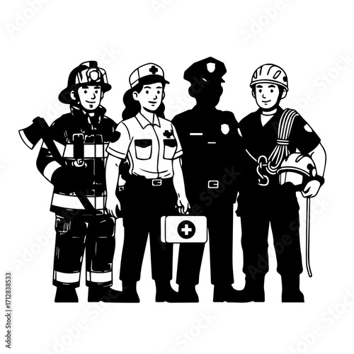 Diverse Group of Emergency Service Professionals Standing Together in Uniforms.