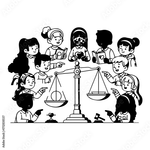 Diverse Group of Children Surrounding a Symbolic Justice Scale Illustration.