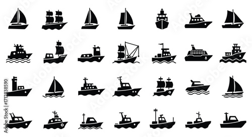 Collection of diverse black silhouette ship and boat icons isolated on white