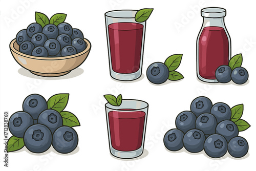Blueberry vector illustration set. Cartoon collection of fresh berries, juice in glass and bottle, bowl of fruit. Healthy organic food and drink icons isolated on white.