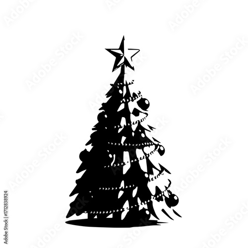 Monochrome silhouette of a decorated Christmas tree with a star topper baubles and garlands.