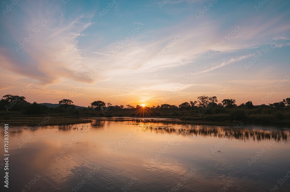 Obraz premium Soft pastel colors paint a serene sunset above fields and forests.