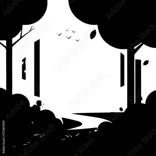 Monochrome silhouette of a mysterious forest path leading to a large archway with birds flying overhead.