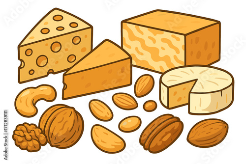 Cartoon vector illustration set of various cheese and nuts. Gourmet food assortment for snacks and appetizers. Featuring swiss, cheddar, brie, almond, walnut, and pecan.