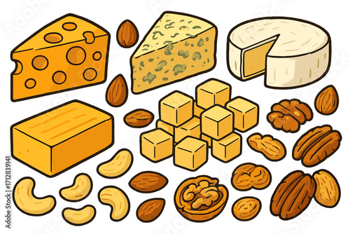 Cheese and nut assortment vector illustration set. Various cheeses like cheddar, brie, blue cheese, and nuts like almond, walnut, pecan. Gourmet food snack and appetizer.