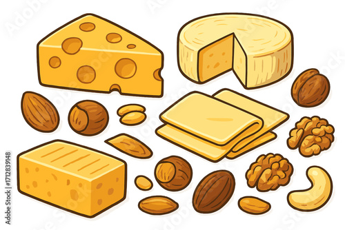Cheese and nut assortment vector cartoon illustration. Dairy food set with swiss, cheddar, brie cheese, almond, walnut, hazelnut for snacks or appetizer presentations.