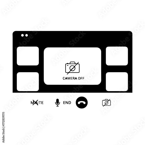 Monochrome video conference UI with a central camera off display and control icons for mute and end call.