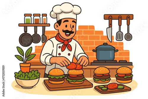 Chef prepares delicious burgers with fresh ingredients in a kitchen. Man cooking hamburgers. Cartoon character for restaurant, fast food concept. Vector illustration.