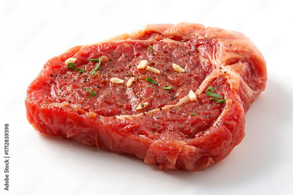 Fototapeta premium Top-quality rib eye steak seasoned with herbs, garlic, and pepper on a white backdrop.