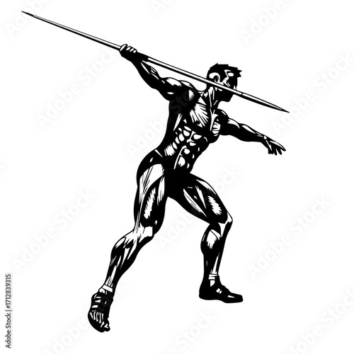 Muscular Athlete Throwing Javelin in Dynamic Pose Black and White Illustration.