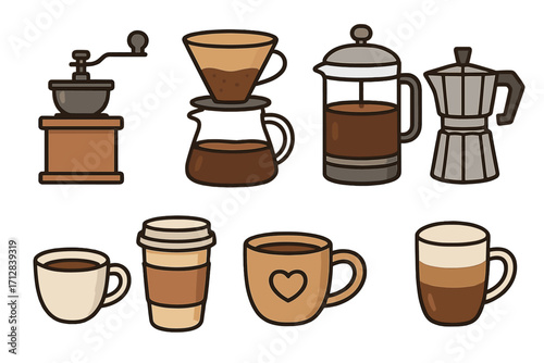 Set of coffee preparation tools and cups. Vector icons of grinder, pour over, french press, moka pot. Minimalist cafe equipment for baristas and coffee lovers.