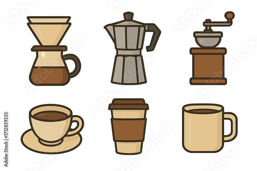 Coffee icon set vector illustration. Minimalist line art of brewing tools. Moka pot, grinder, pour over maker. Cafe menu elements, espresso cup, mug, and takeaway cup.