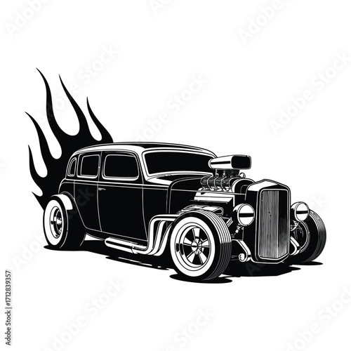 Vintage hot rod car silhouette with modified grille and supercharger in minimalist black and white vector illustration