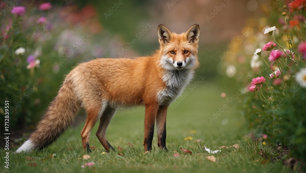 Fototapeta premium Red fox amidst blooming garden in summertime