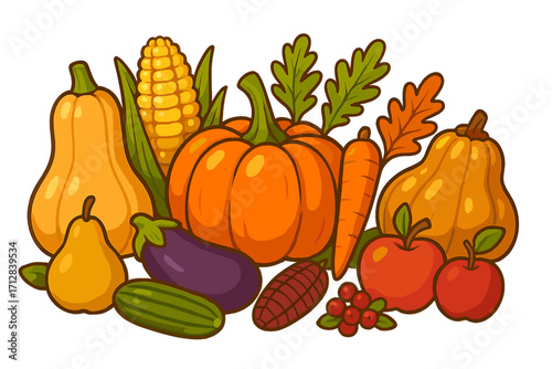 Autumn harvest festival cartoon illustration. Set of fresh organic fall vegetables and fruits like pumpkin, squash, corn, and apple. Vector design for Thanksgiving Day.