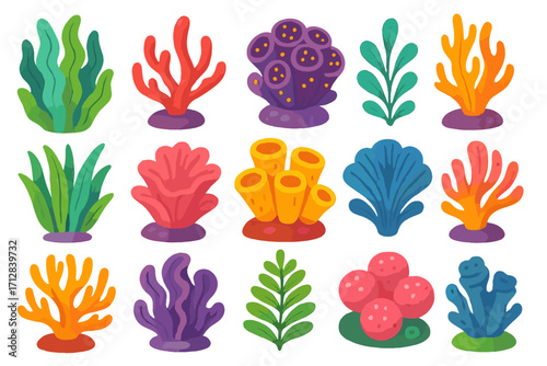 Colorful coral reef seaweed set. Collection of various underwater sea plants and corals. Cute marine life vector illustration. Cartoon ocean algae flat design elements.