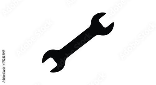 Simple black silhouette of an adjustable wrench on a white background