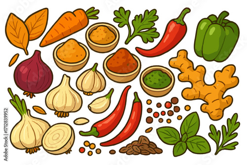Spices and herbs vector set. Fresh vegetables and seasonings for cooking. Cartoon food ingredients: chili, garlic, onion, ginger, bell pepper, basil, paprika, curry.