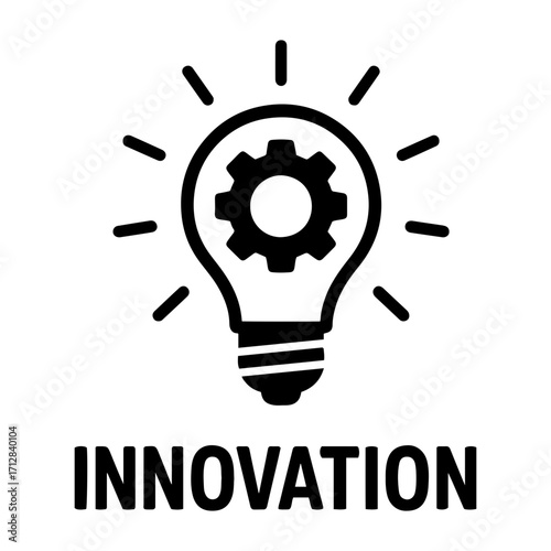 Illustration of a lightbulb with a gear inside and rays emanating, labeled innovation
