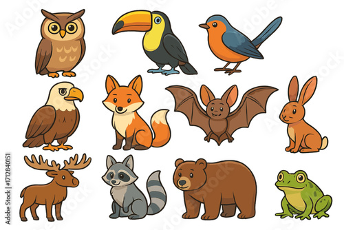Cute cartoon animal characters set. Big collection of forest and zoo wildlife. Vector illustration of a fox, bear, owl, raccoon, moose, eagle, bat, and toucan. Isolated.