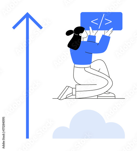 Software developer kneeling, holding a coding sign near a cloud and upward arrow. Ideal for innovation, coding, growth, cloud computing, web design, teamwork, progress simple landing page