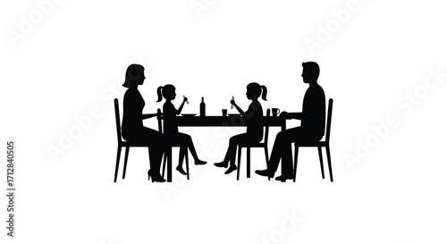 Family silhouette enjoying a meal together around a dining table