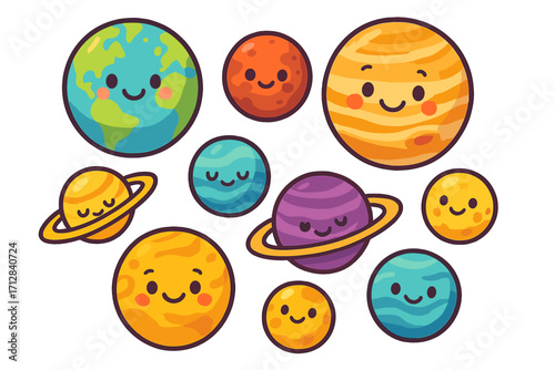 Cute kawaii planets solar system character set. Cartoon vector illustration of Earth, Jupiter, Saturn. Funny space astrology icons for kids. Galaxy smile mascot sticker pack.