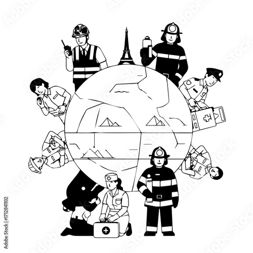 Diverse Professions Around the World Represented by Firefighters Police and Workers.