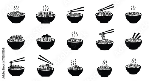 Various black and white depictions of ramen noodle bowls with steam