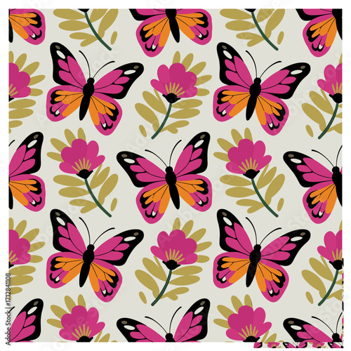 A vibrant seamless pattern featuring pink and orange butterflies with bold black accents, paired with stylized olive-green and magenta flowers. This cheerful design is perfect for fabric prints.