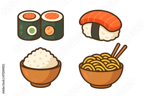 Japanese food icon set. Cute cartoon vector illustration of sushi, maki, nigiri, rice bowl and noodles. Asian cuisine clipart for menu, logo, sticker. Flat design element.