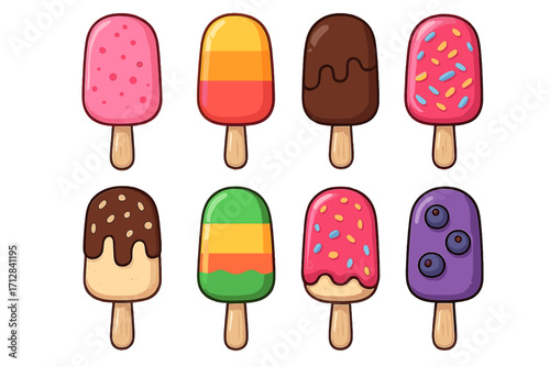Set of colorful ice cream popsicles. Collection of vector cartoon ice lollies with different flavors and toppings like chocolate, fruit, and sprinkles. Summer dessert food.