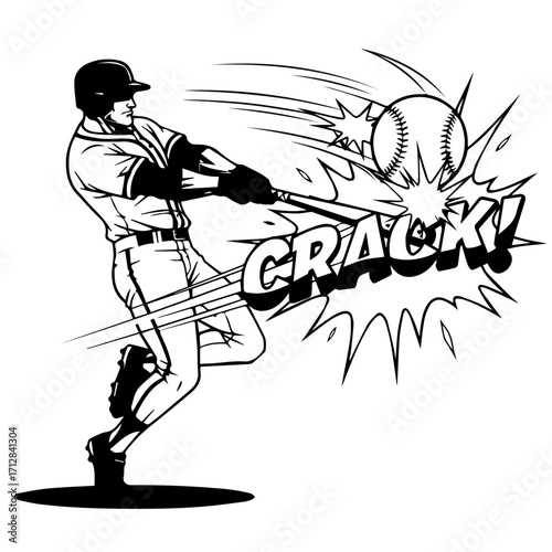 Dynamic Black and White Baseball Player Swinging Bat Hitting Ball with CRACK.