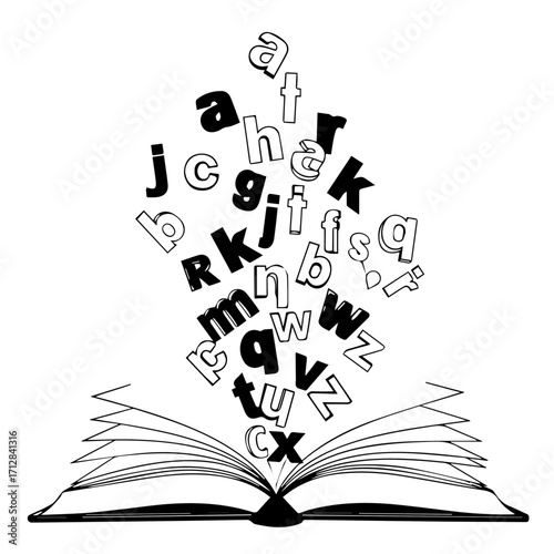 Open Book with Black and White Letters Floating Upwards Education Concept.