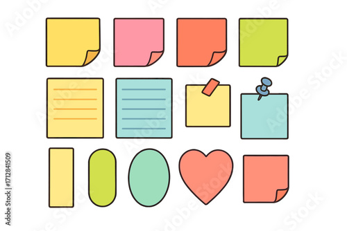 Sticky notes set. Colorful memo paper collection. Vector illustration of notepaper reminders with pushpin and tape. Office supplies for messages. Different shapes and colors.