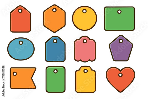Set of colorful blank tags. Collection of price labels in various shapes. Vector gift tag, badge or sticker for sale, offer, discount. Empty template for craft cartoon illustration.