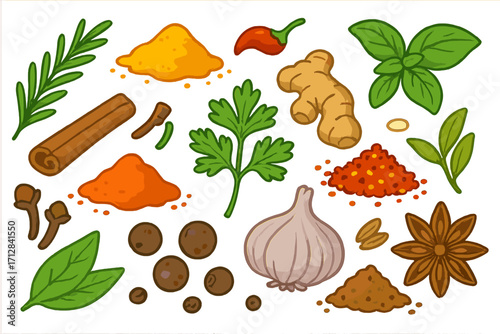 Spices and herbs vector icon set. Cartoon illustration of aromatic cooking ingredients. Ginger, garlic, chili, cinnamon, basil, rosemary, parsley, star anise, turmeric.