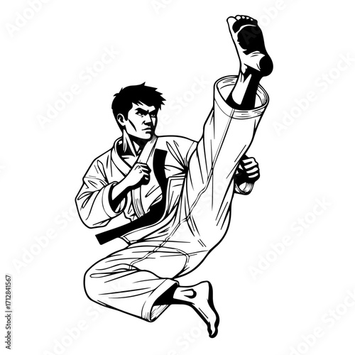 Dynamic Black and White Illustration of a Karate Practitioner Performing a High Kick 1.